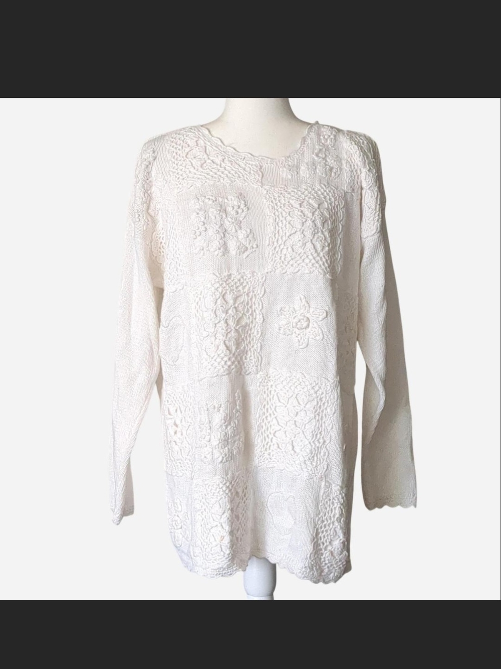 VINTAGE 90s Cream Patchwork Knit Sweater 🤍 Cottagecore Fairycore Cozy M/L